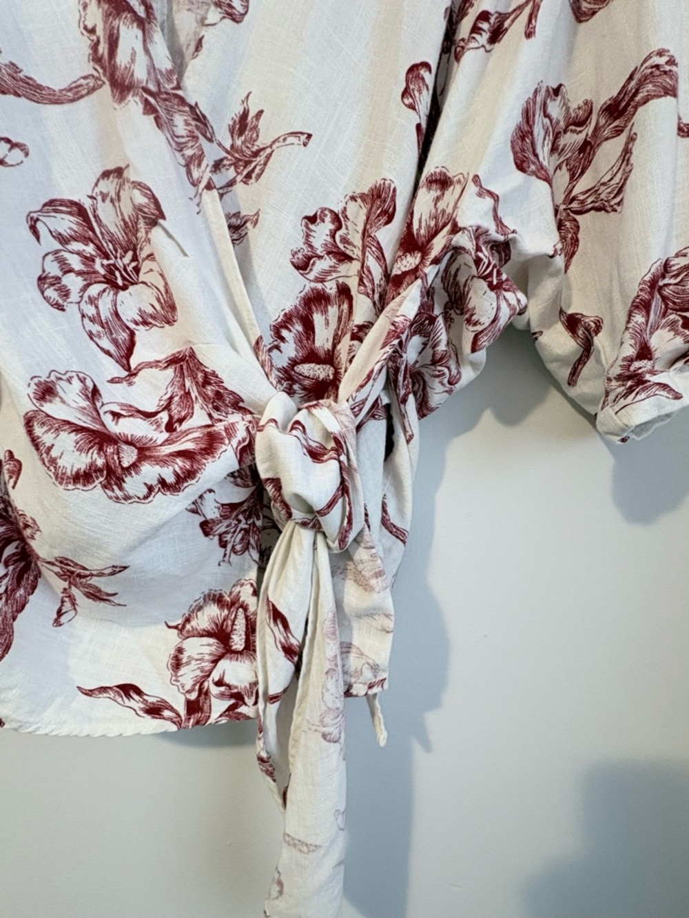 Zara Floral Wrap Blouse XS Linen Blend Tie Front Romantic Cottagecore - Picture 3 of 9